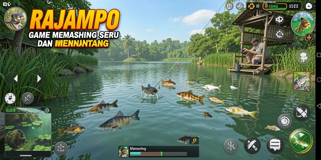 Screenshot utama RAJAMPO menampilkan gameplay memancing yang menakjubkan.