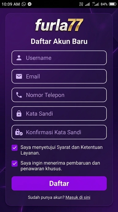 Tampilan halaman daftar furla77